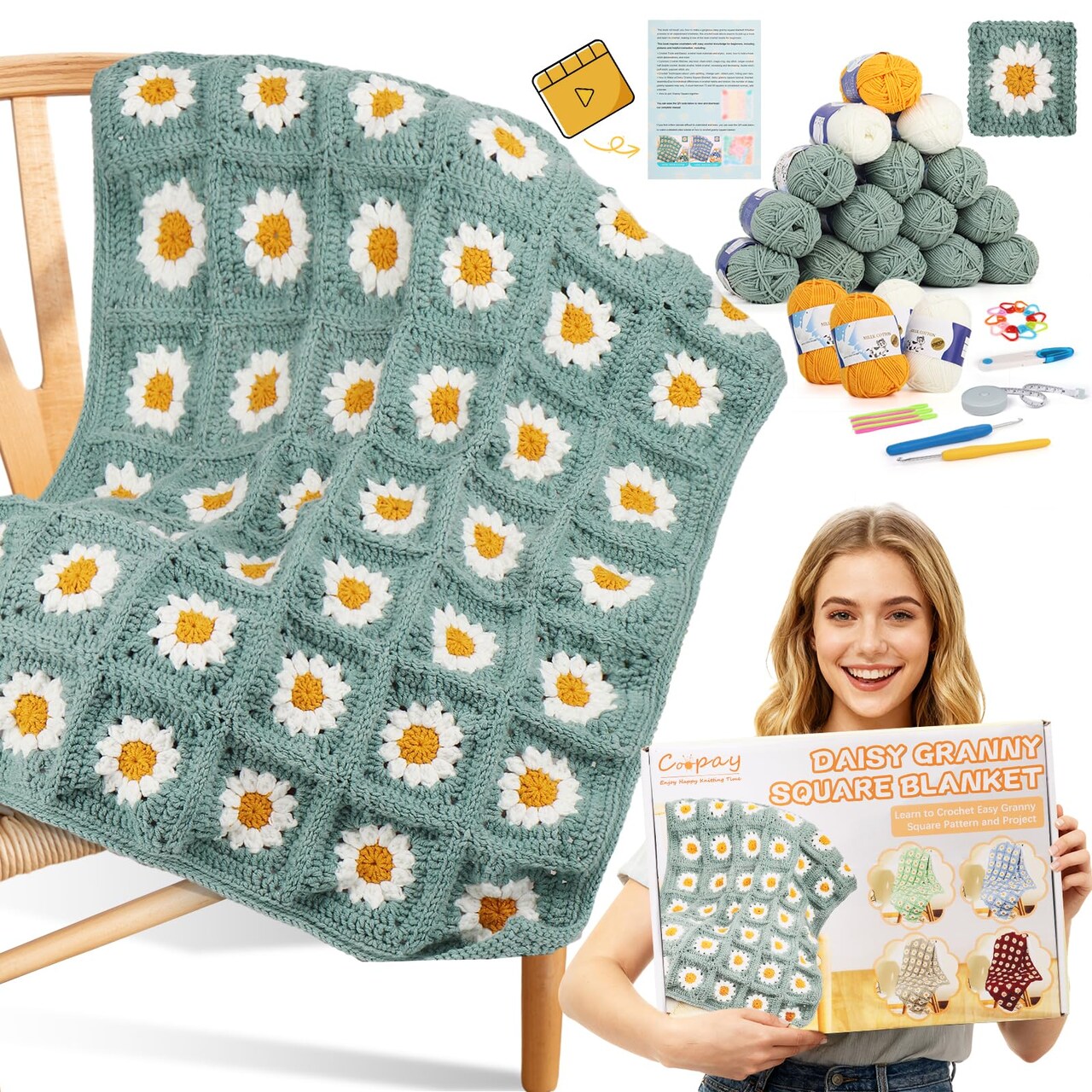 Crochet Kit for Beginners, Crochet Starter Kit for Blanket, Granny Squares Video Instructions, Easy to Learn Knitting for Beginner